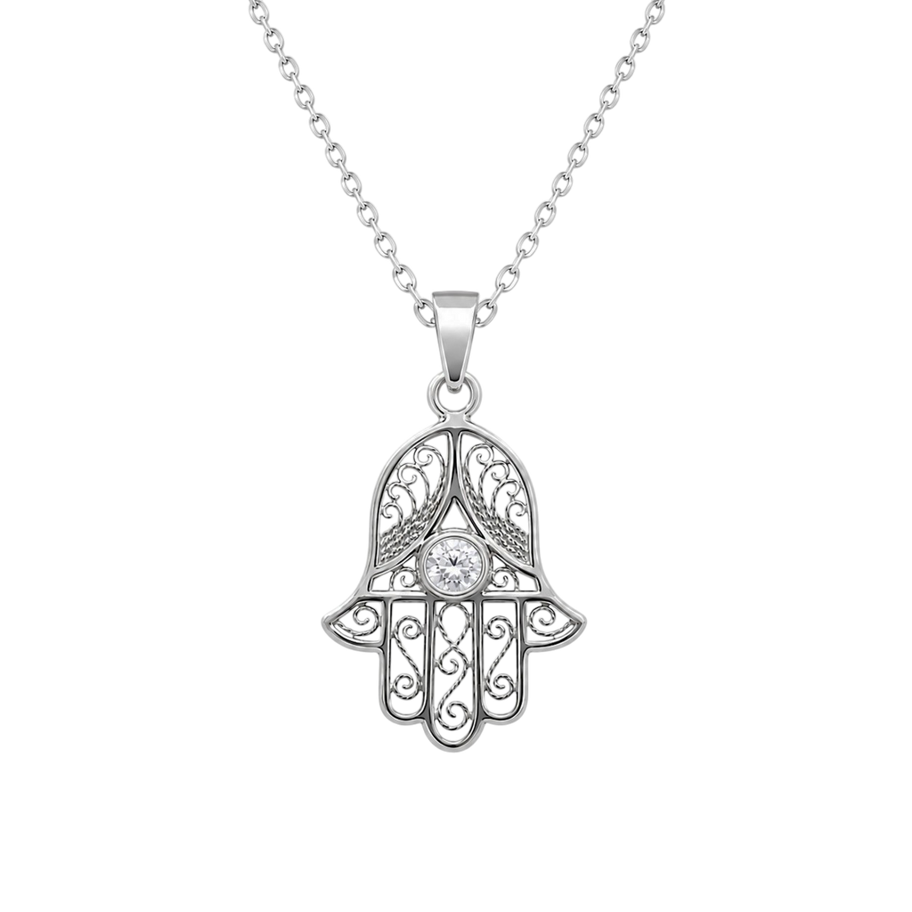 Collier Main de Fatma en Argent 925 Rhodié & Zirconium Blanc
