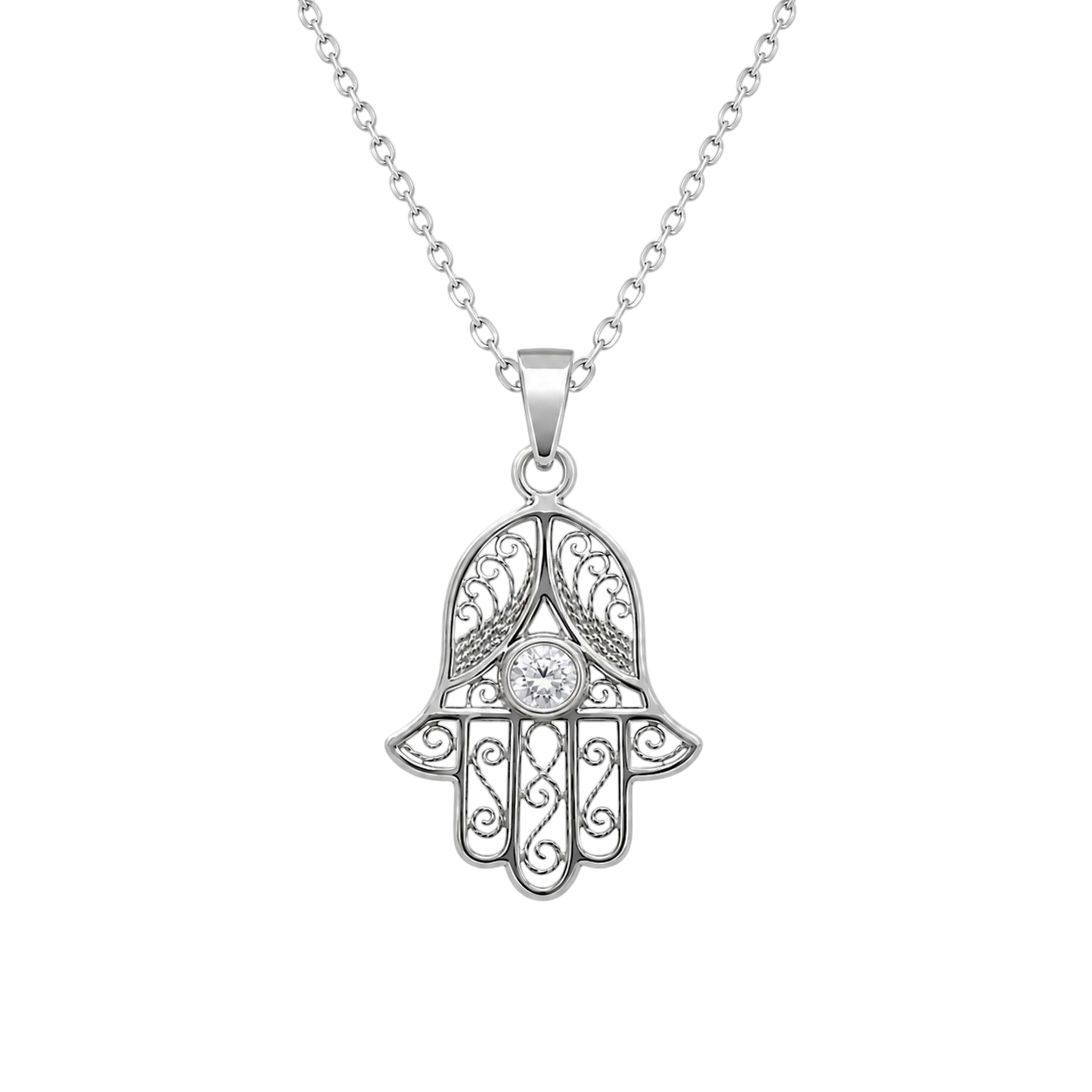 Collier Main de Fatma en Argent 925 Rhodié & Zirconium Blanc