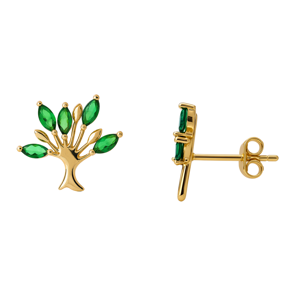 Boucles d’Oreilles Arbre de Vie – Plaqué Or & Pierres Zirconium Vert – Bijou Féminin Élégant