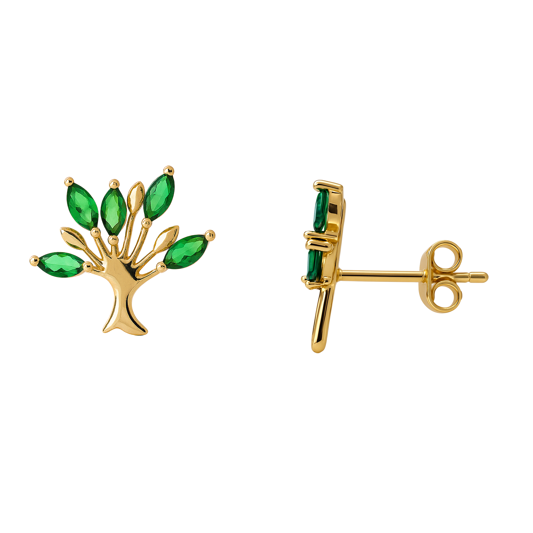 Boucles d’Oreilles Arbre de Vie – Plaqué Or & Pierres Zirconium Vert – Bijou Féminin Élégant
