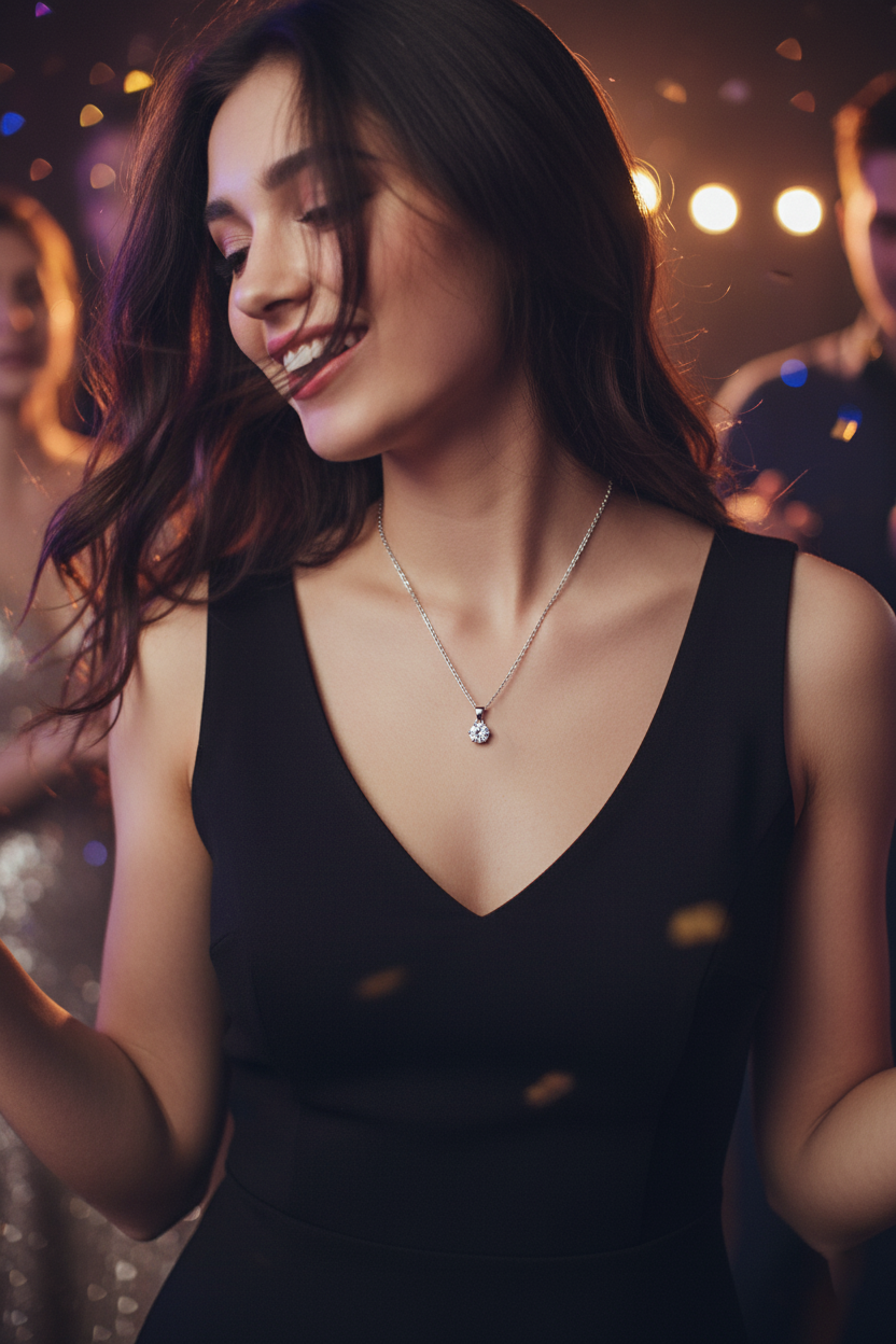 Collier Solitaire en Argent 925 Rhodié – Zirconium 6 mm | Chaîne 40 + 5 cm