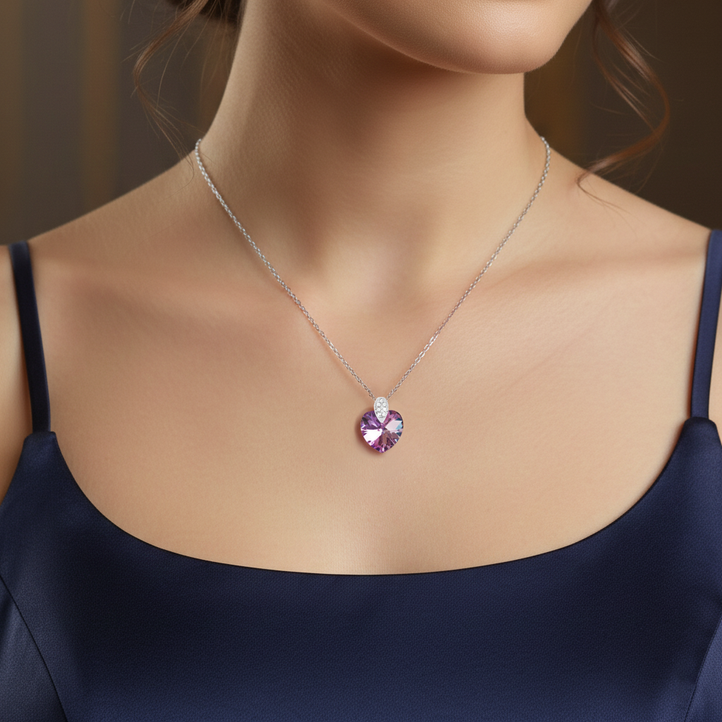 Collier Cœur en Argent 925 Rhodié & Cristal Violet