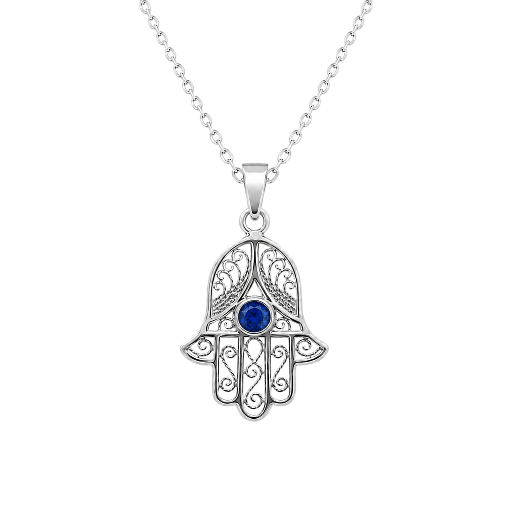 Collier Main de Fatma en Argent 925 Rhodié & Zirconium Bleu