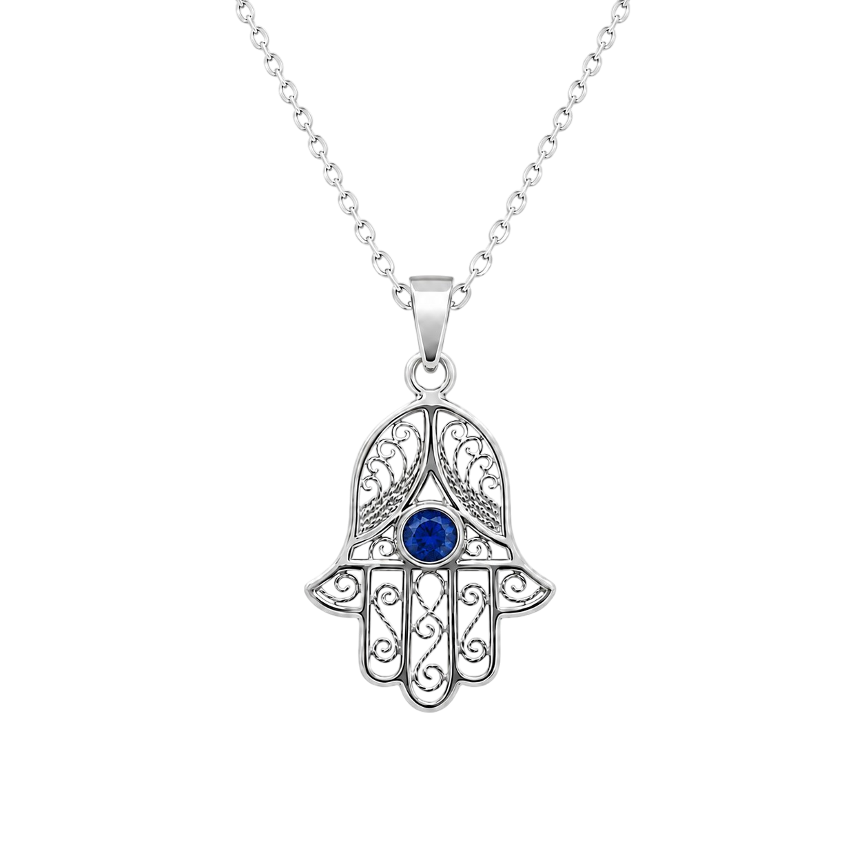Collier Main de Fatma en Argent 925 Rhodié & Zirconium Bleu