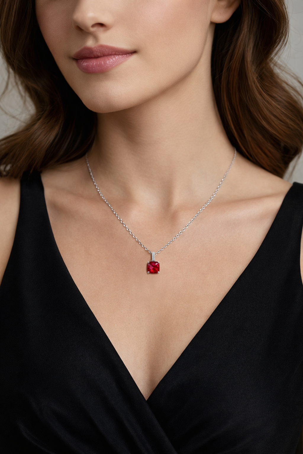 Collier Argent 925 Rhodié & Zirconium Rouge
