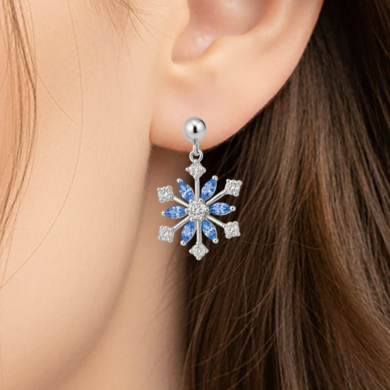Boucles d’oreilles Flocon – Argent Rhodié & Zirconium Bleu et Blanc