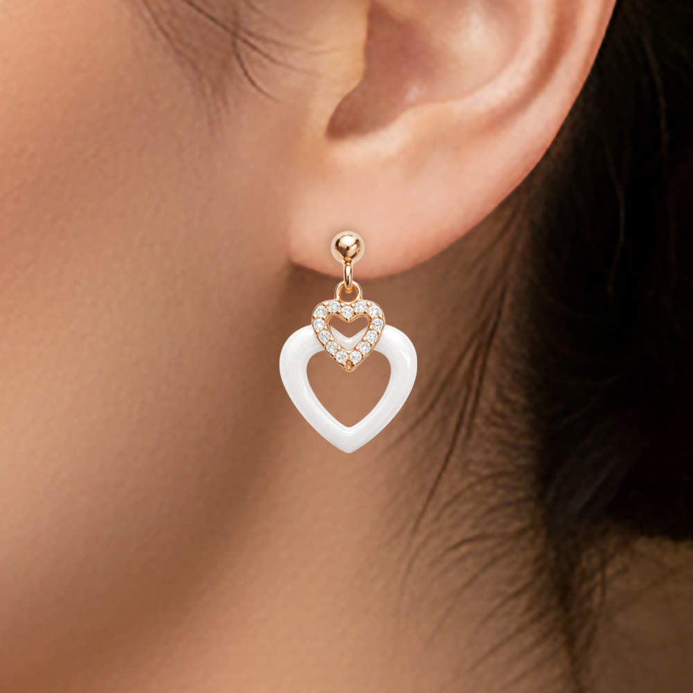 Boucles d’oreilles Cœur Céramique & Zirconium – Plaqué Or Rosé