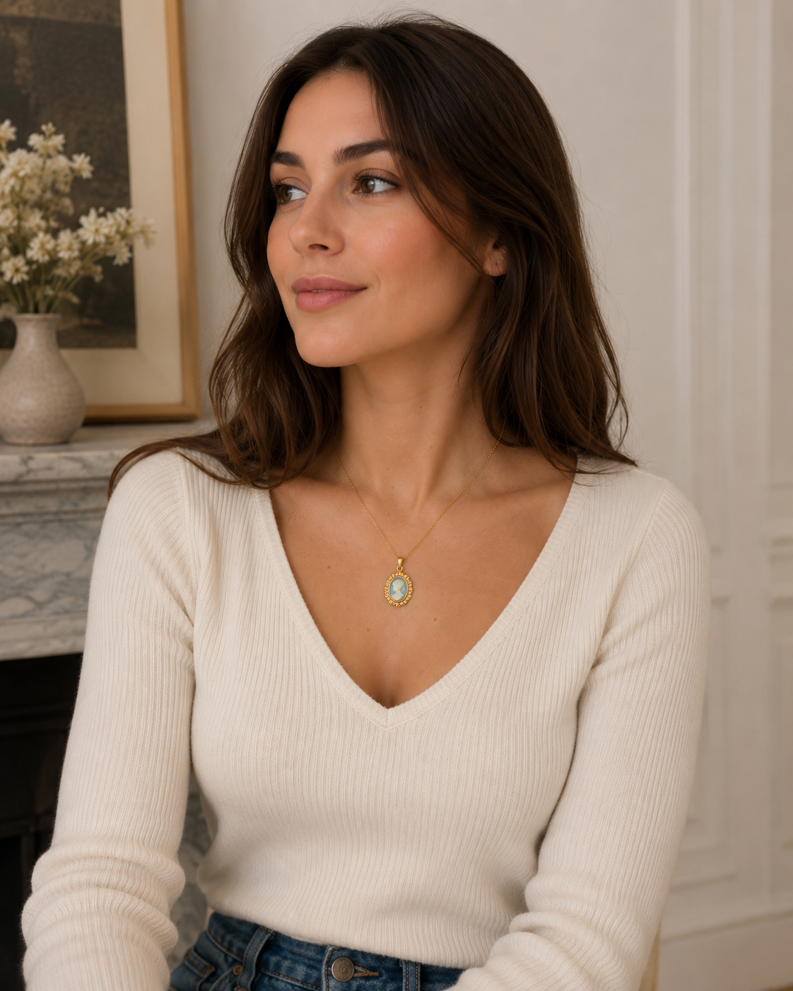 Collier Camée bleu Vintage – Plaqué Or 18 Carats & Résine