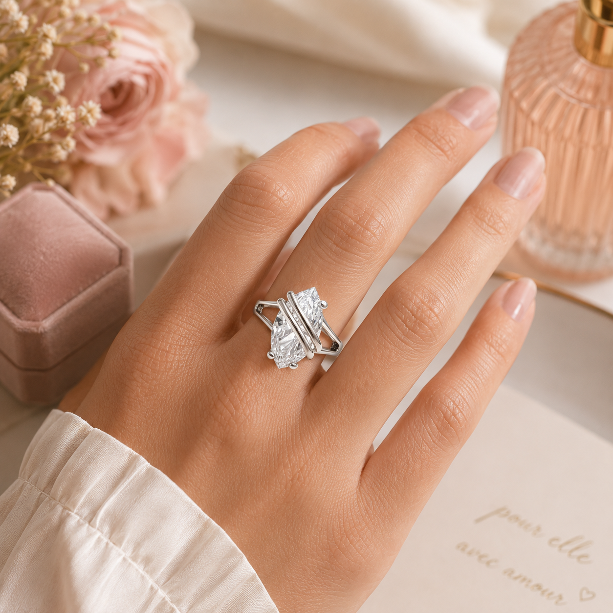 Bague Marquise Argent 925 Rhodié – Zirconium Taille Marquise – Design Moderne Croisé