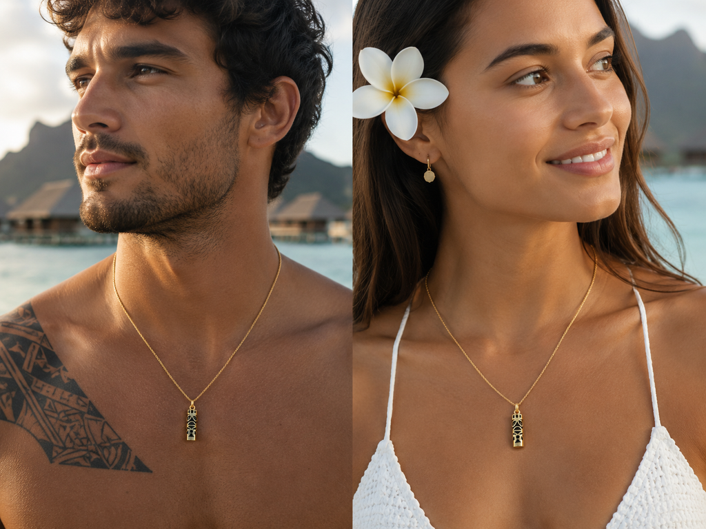 Collier Grand Tiki en plaqué or jaune 18 carats & onyx noir – Mixte