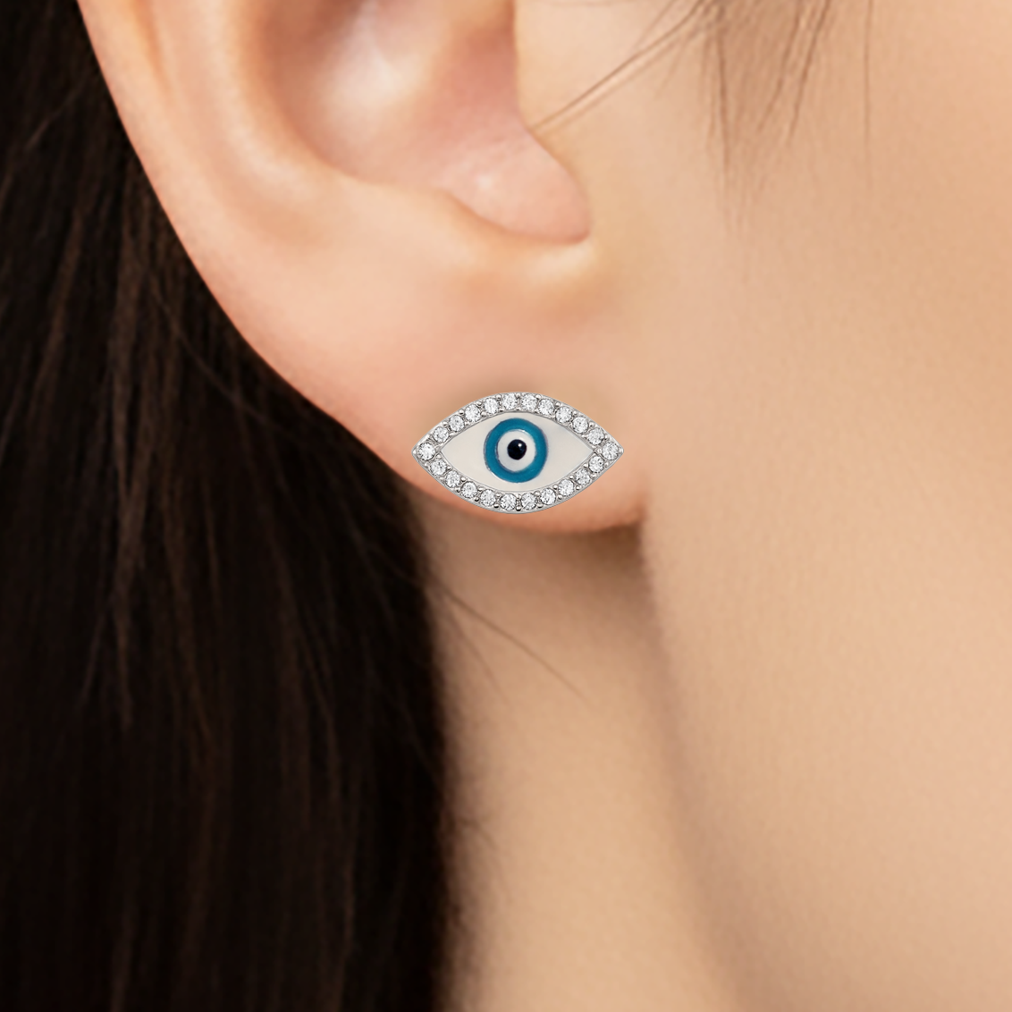 Boucles d’Oreilles Œil Protecteur en Argent Rhodié & Zirconium Blanc