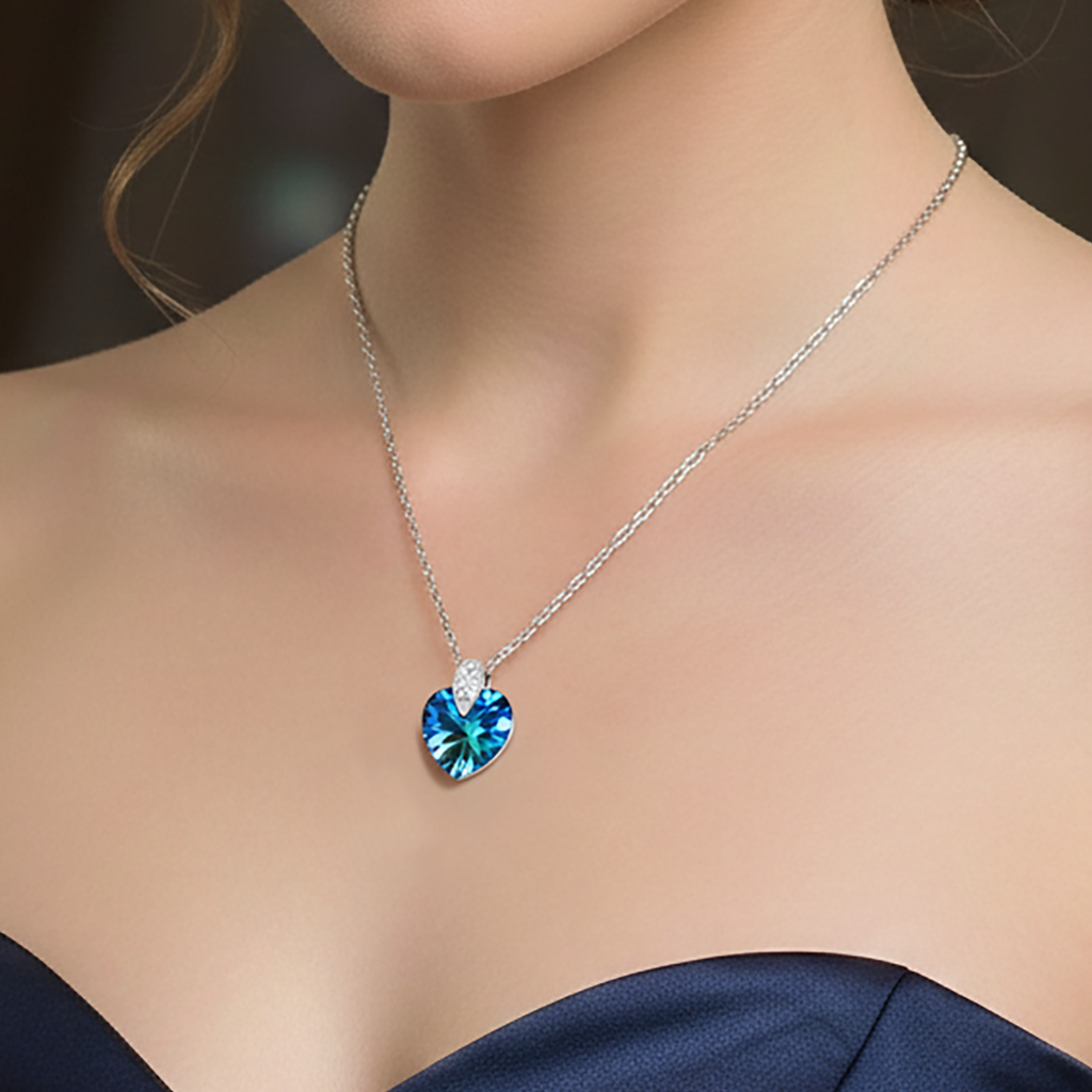 Collier Cœur en Argent 925 Rhodié & Cristal bleu/vert