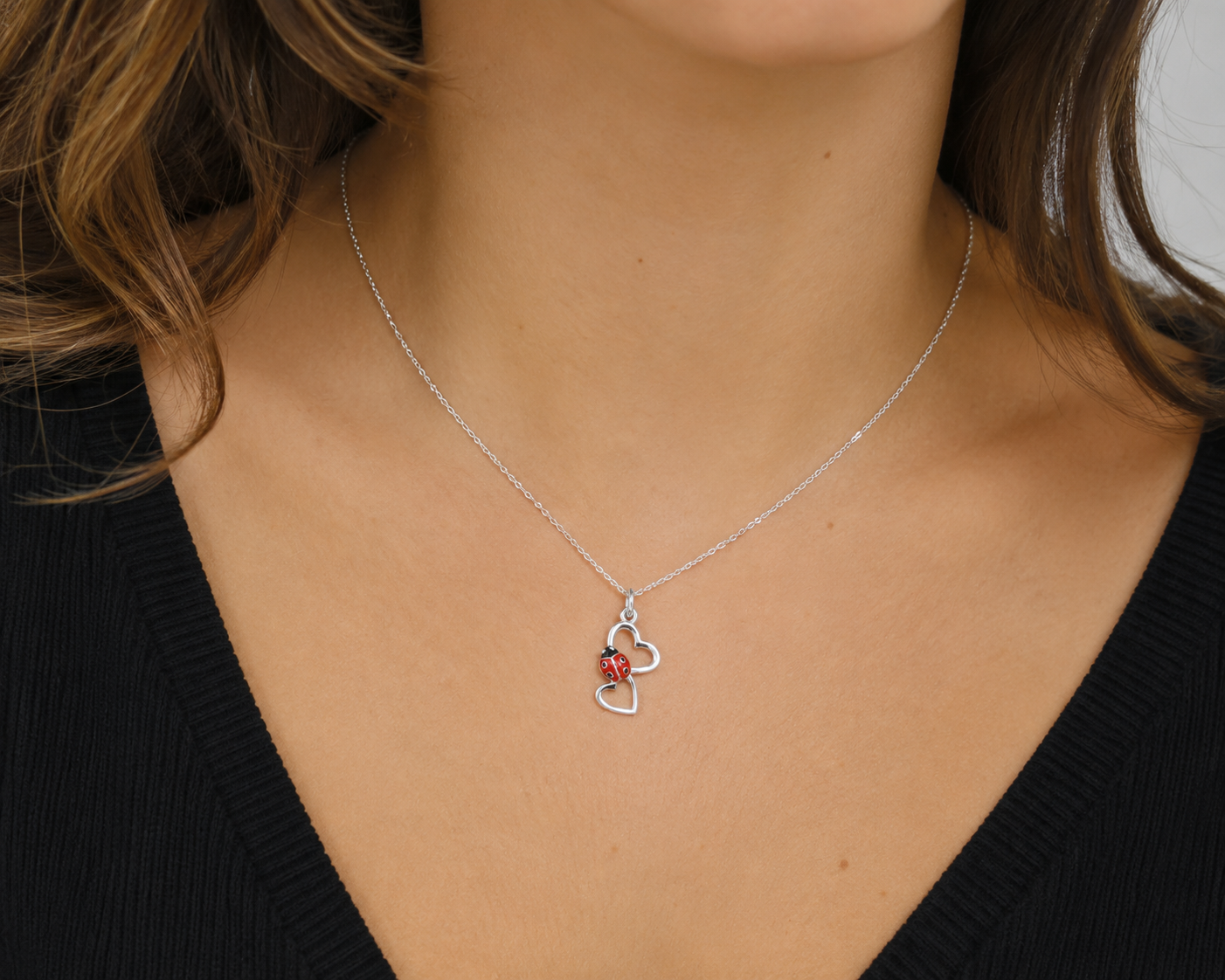 Collier Coccinelle 2 Cœurs en Argent 925 Rhodié & Laque Rouge