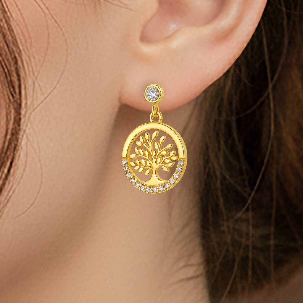 Boucles d’Oreilles Arbre de Vie – Plaqué Or & Zirconium – Bijou Symbolique et Étincelant
