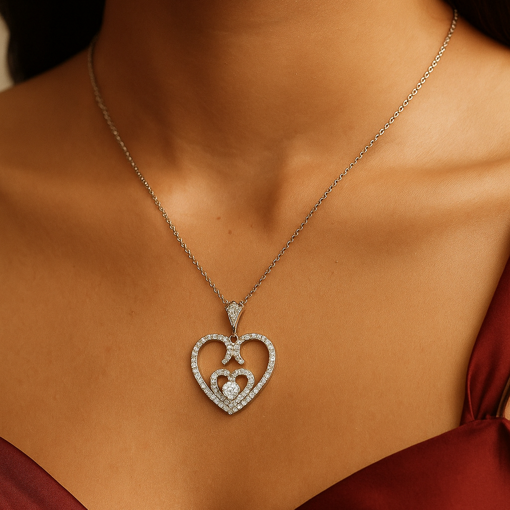 Collier Cœur en Argent 925 Rhodié & Zirconium – Pendentif Double Cœur