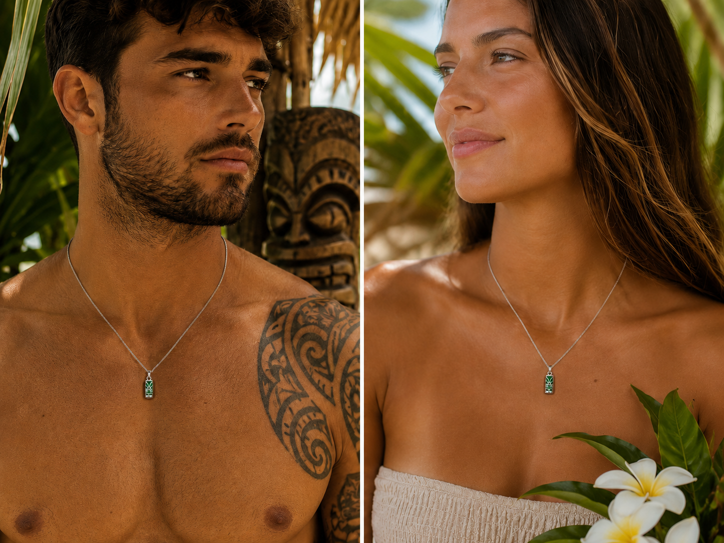 Collier petit Tiki en Argent 925 Rhodié & Agate Verte Naturelle – Unisexe