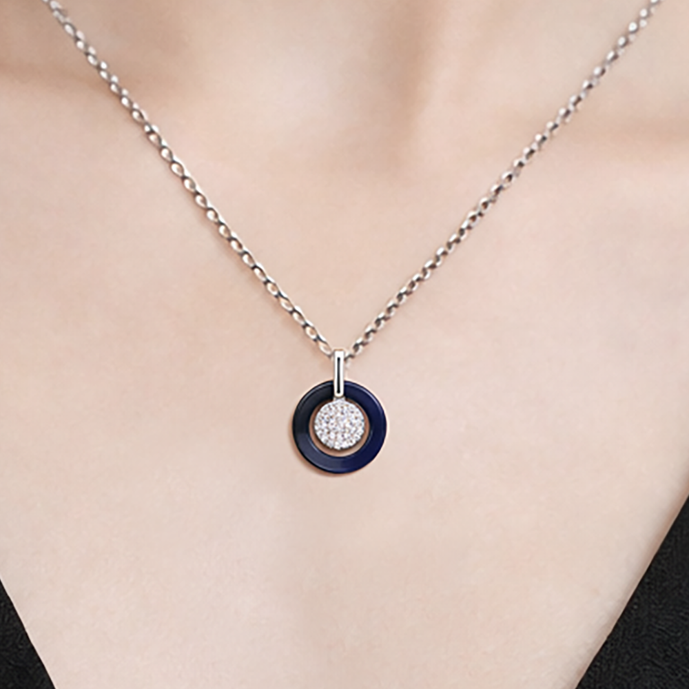 Collier Cercle Élégance – Argent 925 Rhodié, Céramique Bleu & Zirconium