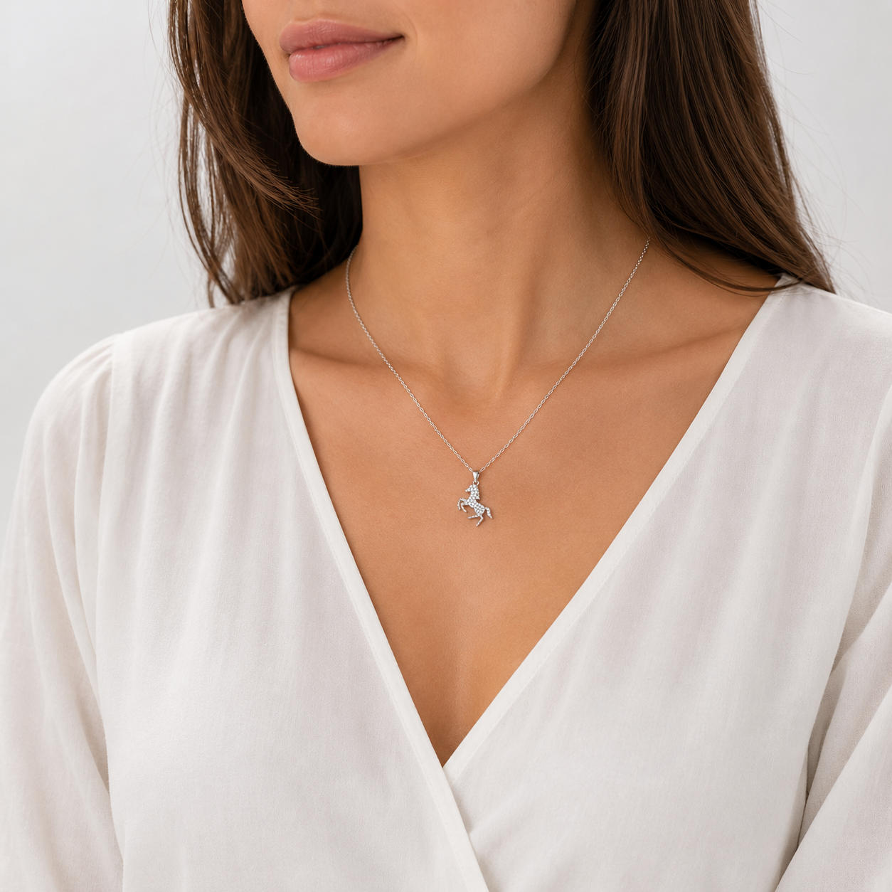 Collier Cheval en Argent 925 Rhodié & Zirconiums