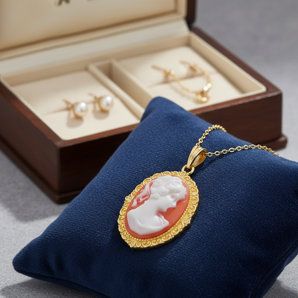 Collier Grand Camée rouge – Plaqué Or | Bijou Vintage Élégant