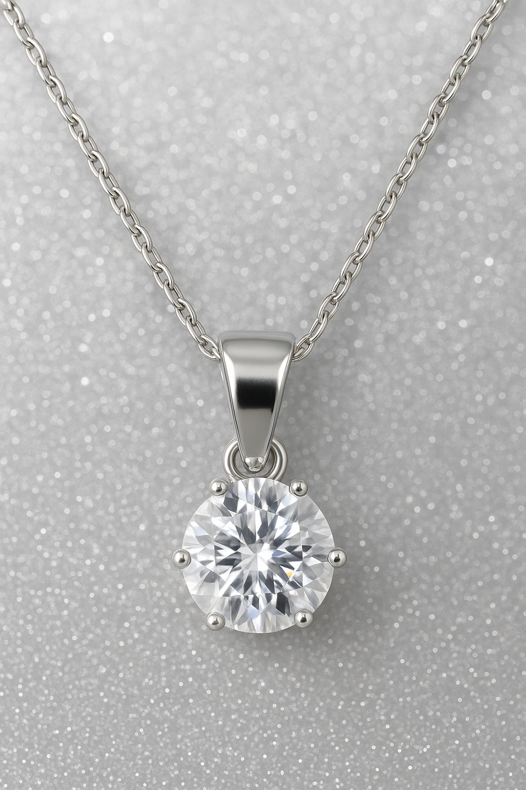 Collier Solitaire en Argent 925 Rhodié – Zirconium 6 mm | Chaîne 40 + 5 cm