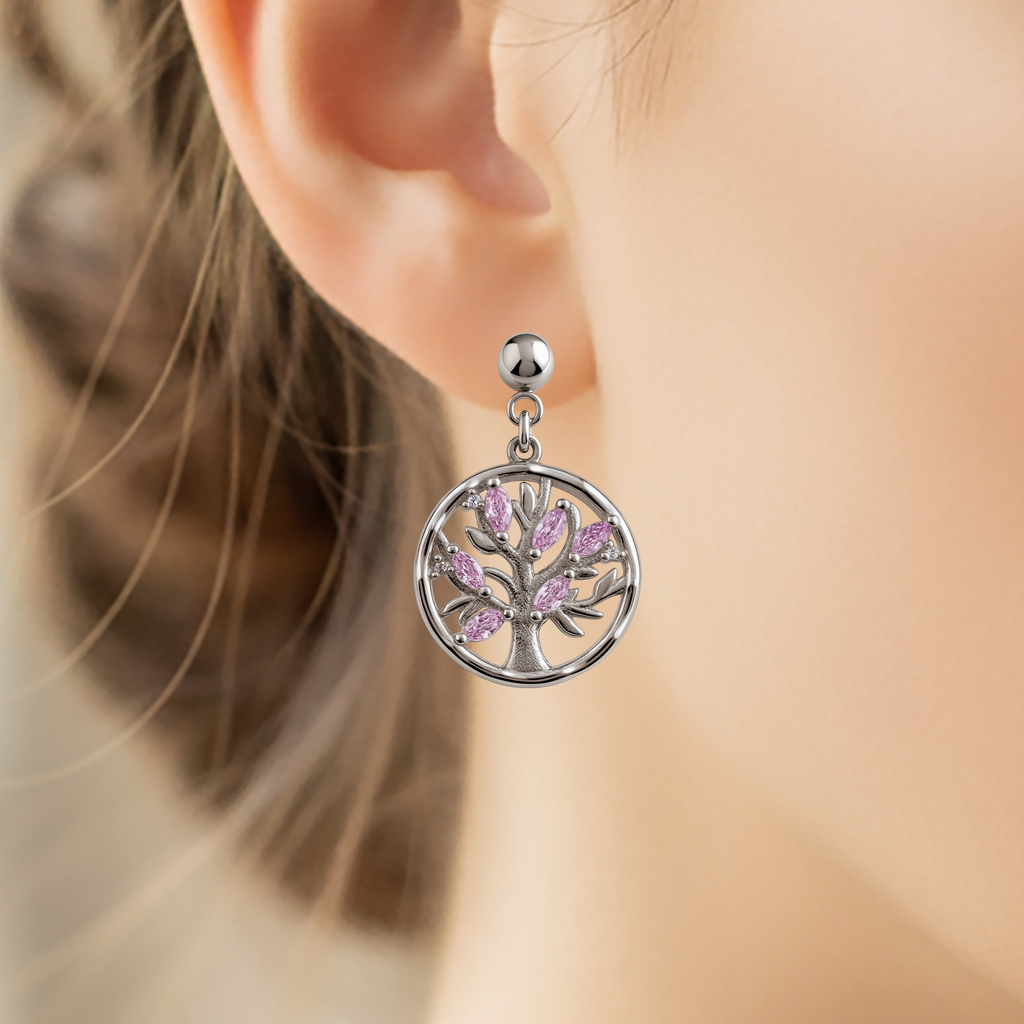 Boucles d’Oreilles Arbre de Vie en Argent Rhodié – Zirconium Rose & Blanc