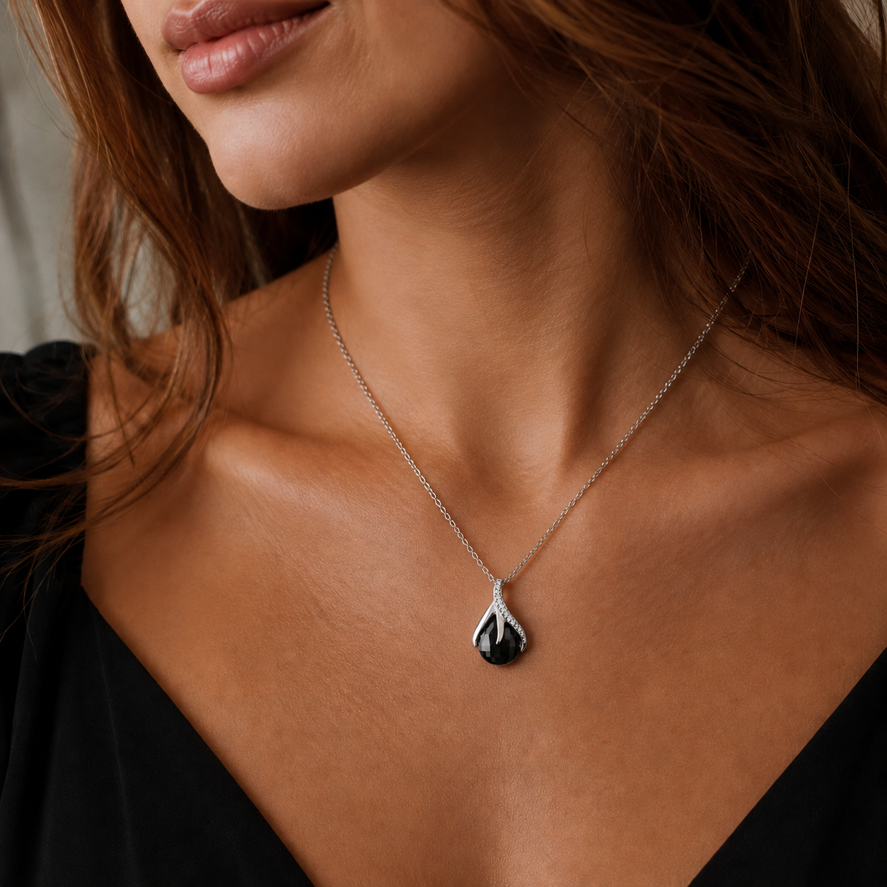 Collier Goutte Éclat Argent 925 Rhodié & Zirconium noir