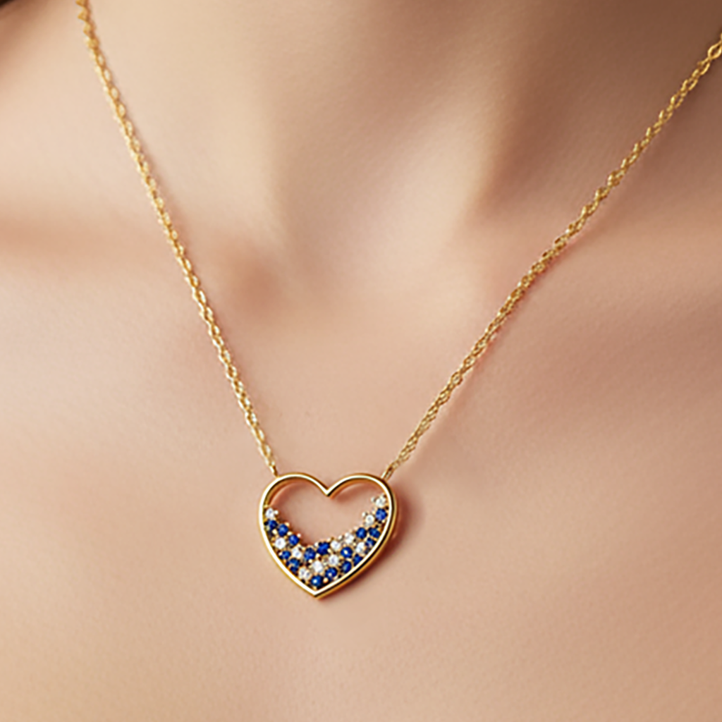 Collier Cœur Plaqué Or – Zirconiums Bleus & Blancs – Chaîne 40 + 5 cm