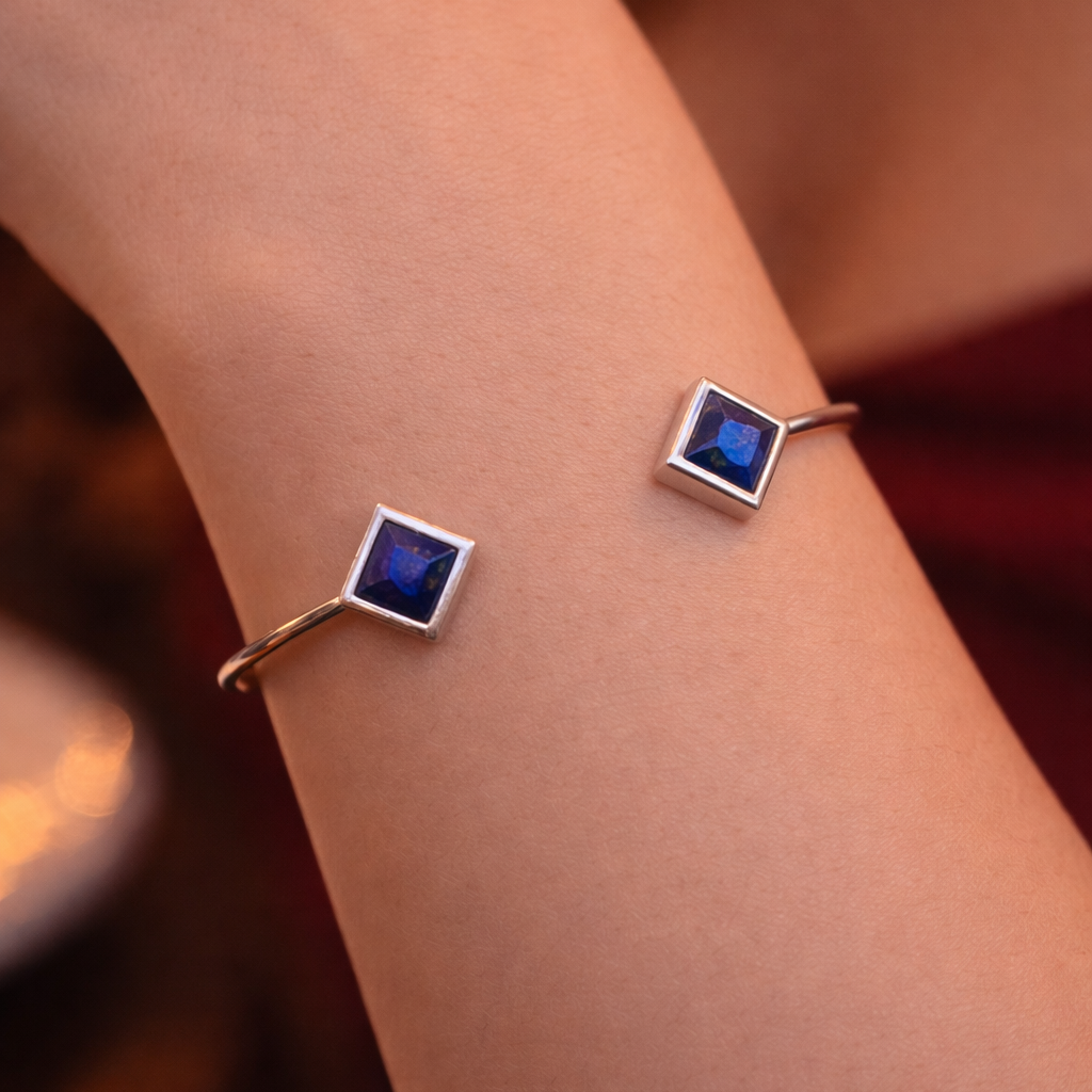Bracelet Jonc Ouvert en Argent 925 Rhodié & Lapis Lazuli