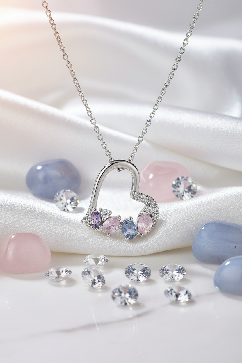 Collier Cœur en Argent 925 Rhodié – Zirconium & Pierres Pastel