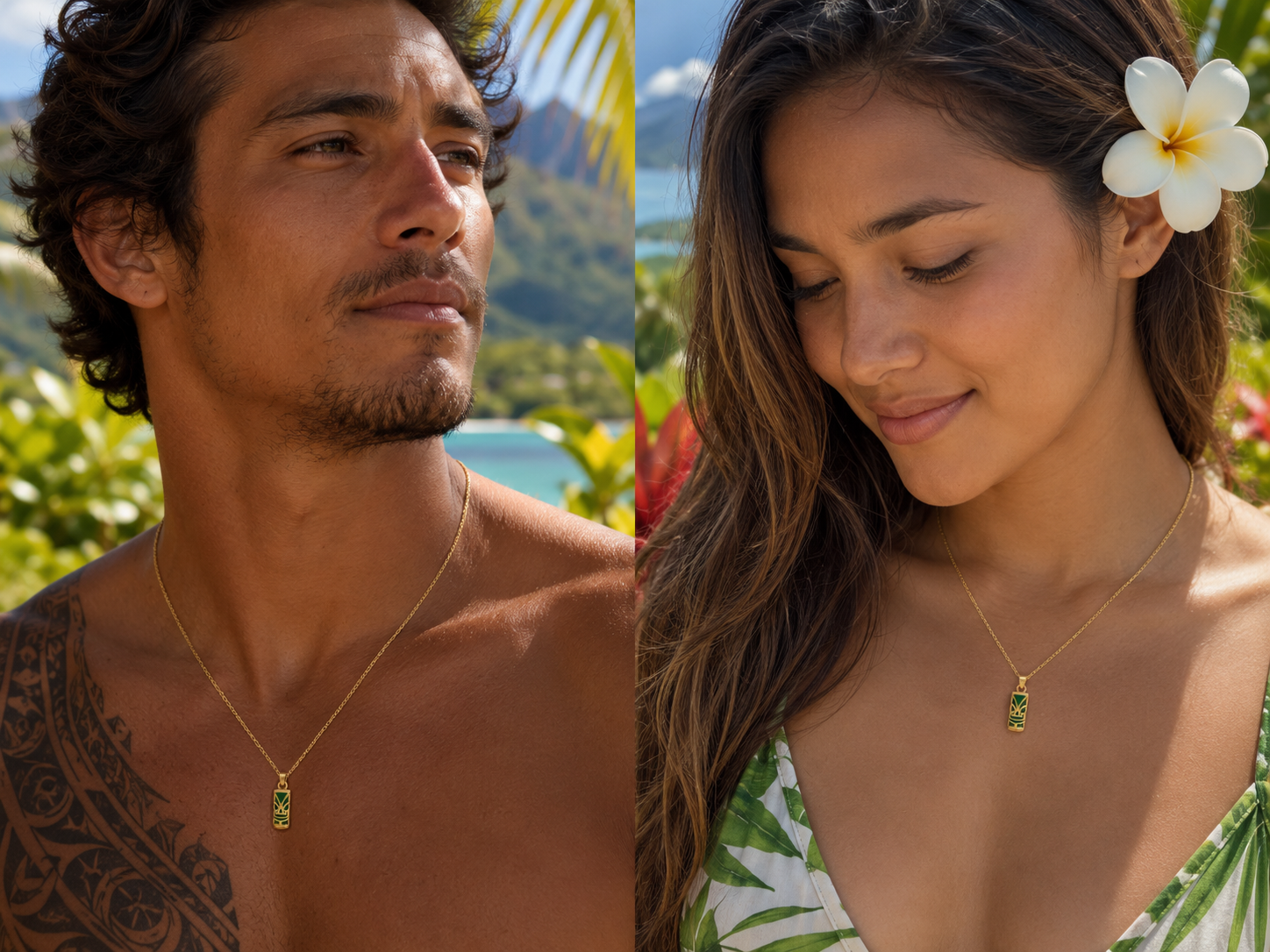 Collier Tiki en Plaqué Or 18 Carats & Agate Verte Naturelle