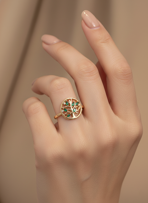 Bague Arbre de Vie – Plaqué Or & Zirconium Blanc et Vert