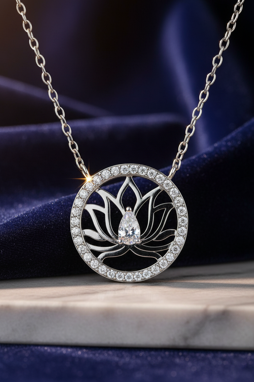 Collier Fleur de Lotus – Argent 925 Rhodié & Zirconium