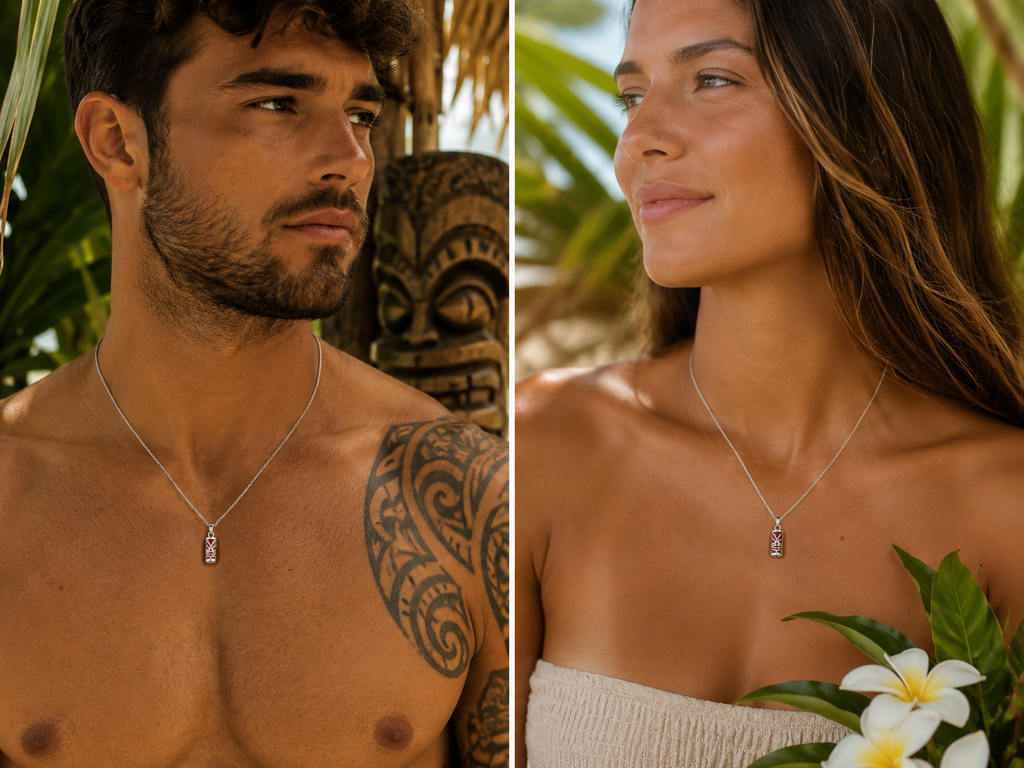 Collier petit Tiki en Argent 925 Rhodié & Agate rouge Naturelle – Unisexe