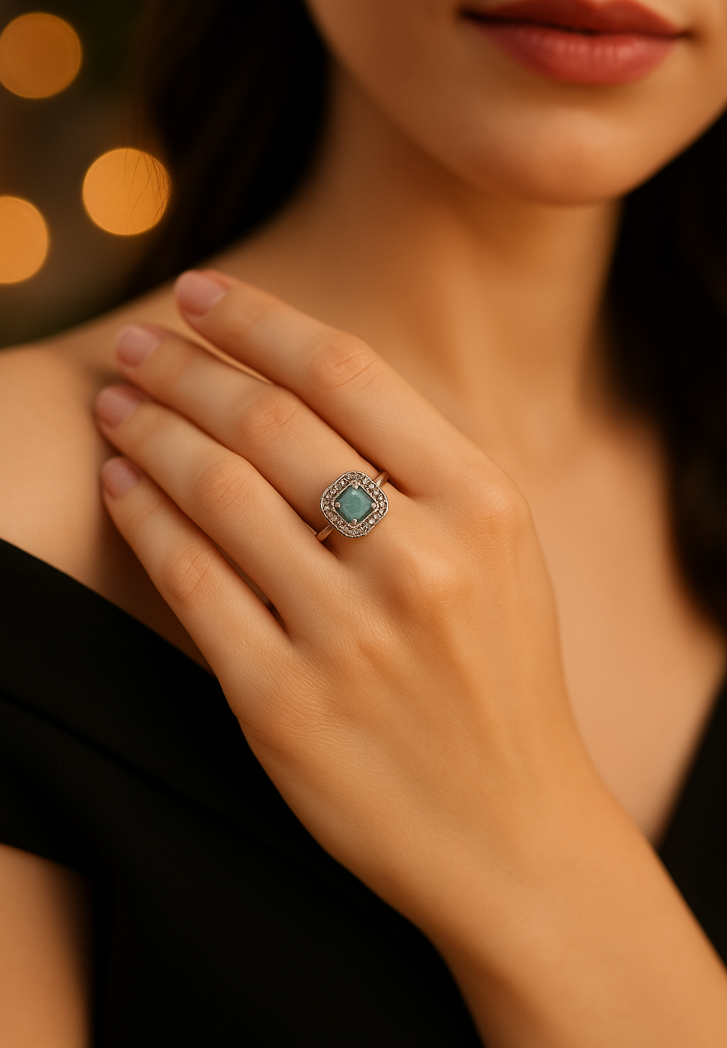 Bague en Argent 925 Rhodié avec Amazonite – Halo de Zirconium | Élégance & Protection