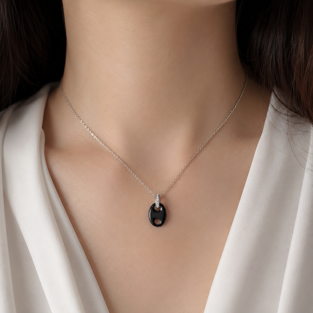 Collier Céramique Noire & Argent 925 Rhodié