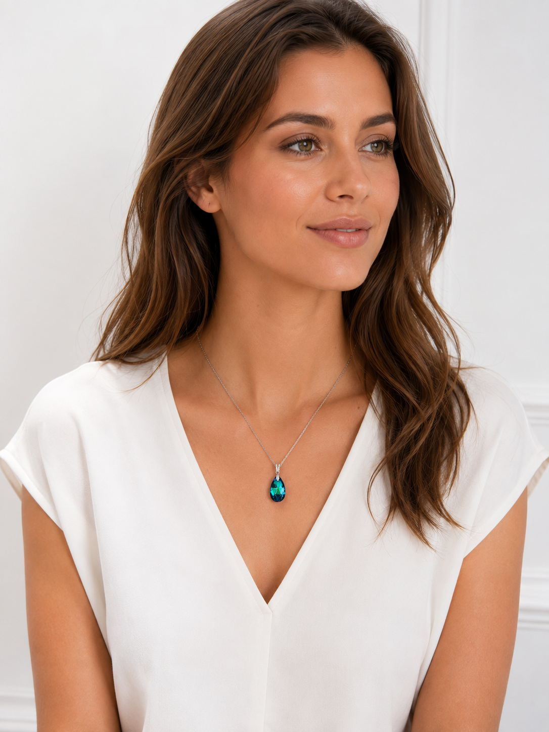 Collier Argent 925 Rhodié, Zirconiums & Cristal Bleu Vert