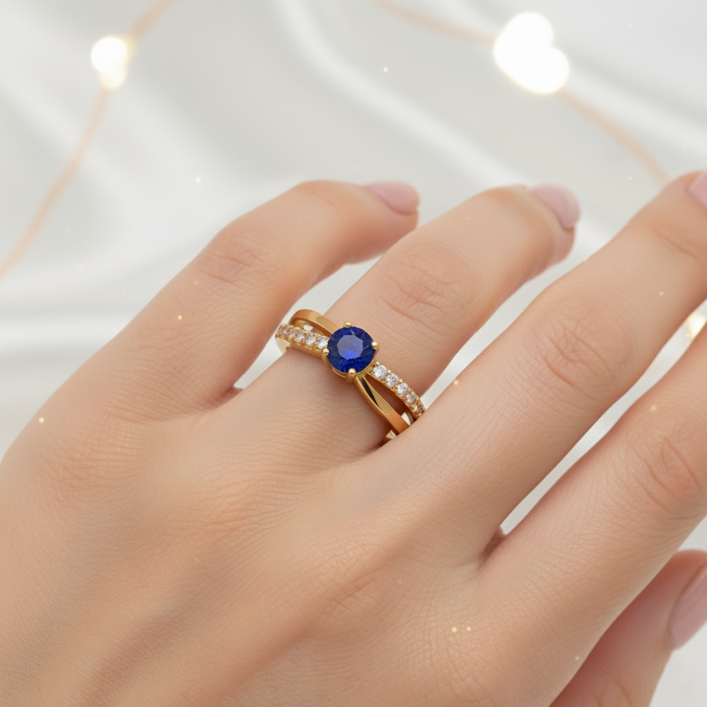 Bague Femme Plaqué Or – Zirconium bleu Étincelant – Finition Luxe