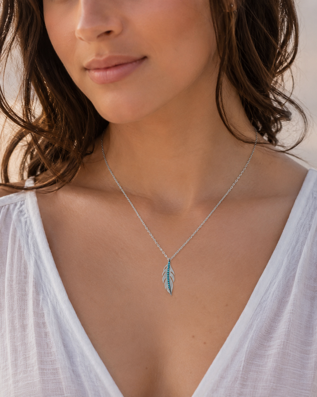 Collier Plume Argent 925 Rhodié & Turquoise Synthétique