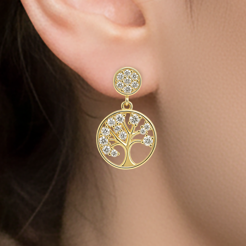 Boucles d’oreilles Arbre de Vie – Plaqué Or  & Zirconium – Élégance Symbolique