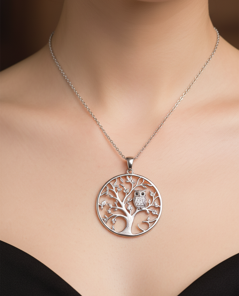 Collier Arbre de Vie & Hibou en Argent 925 Rhodié –  serti de Zirconium