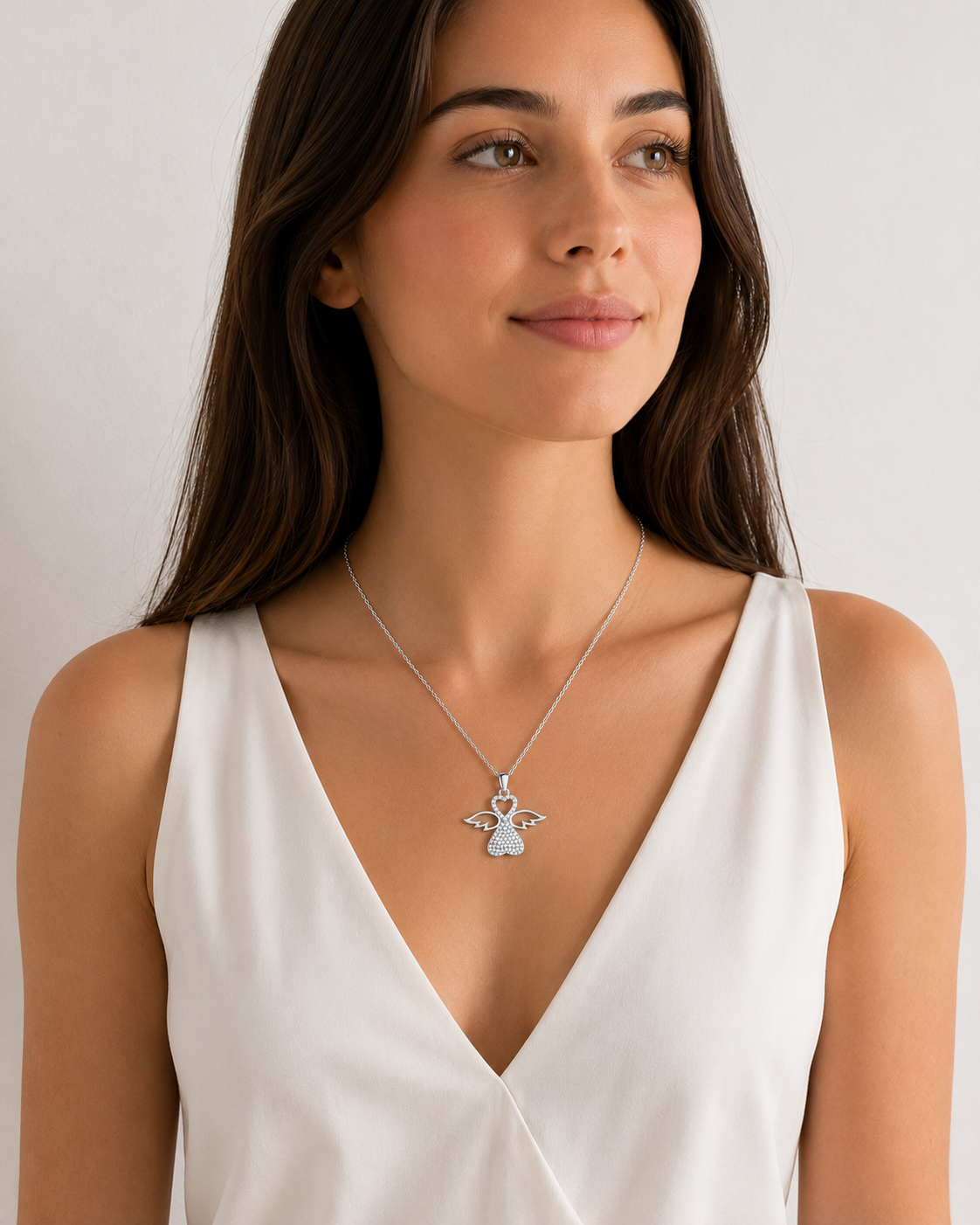Collier Ange Cœur en Argent 925 Rhodié & Zirconiums