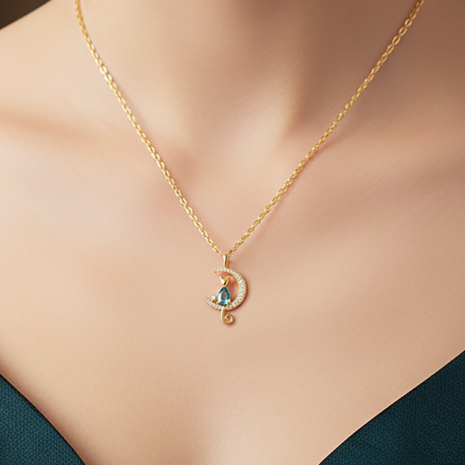 Collier Chat Lune – Plaqué Or 18 Carats & Zirconium