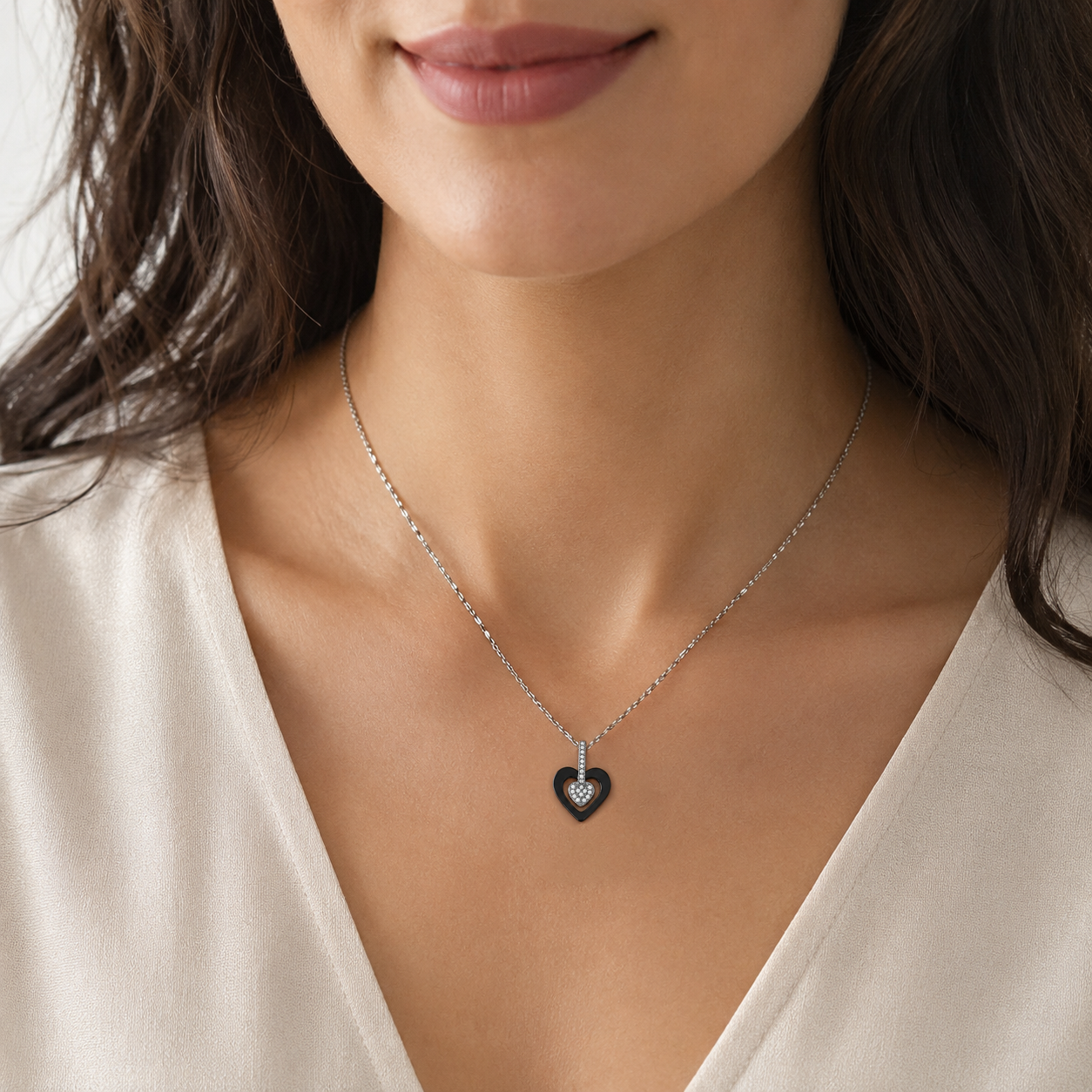 Collier Cœur Céramique Noire & Argent 925 Rhodié