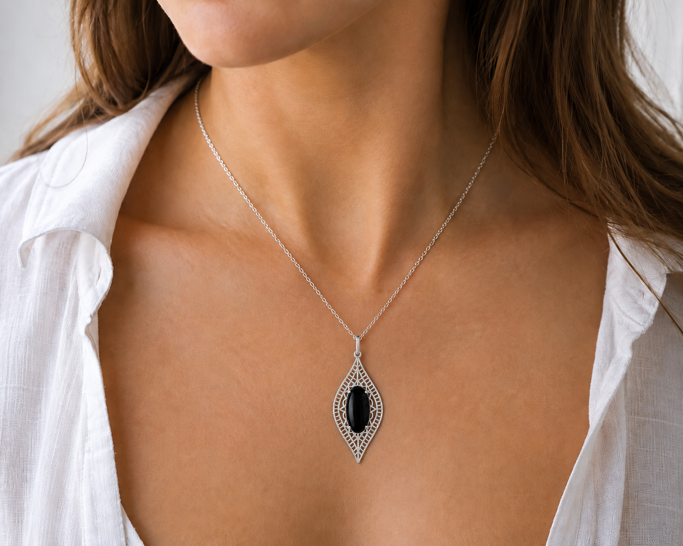 Collier Onyx Noir & Argent 925 Rhodié