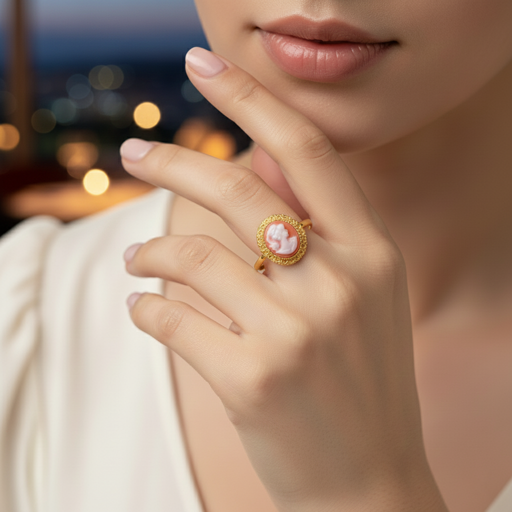 Bague Camée orange – Plaqué Or 18K