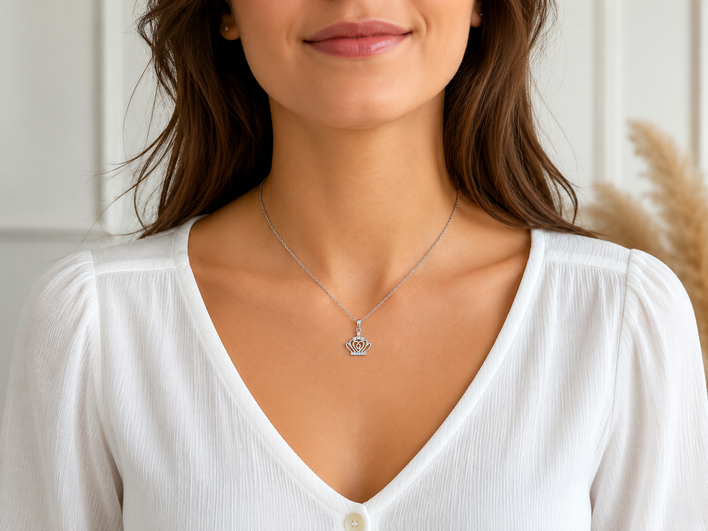 Collier Couronne Cœur Argent 925 Rhodié & Zirconiums