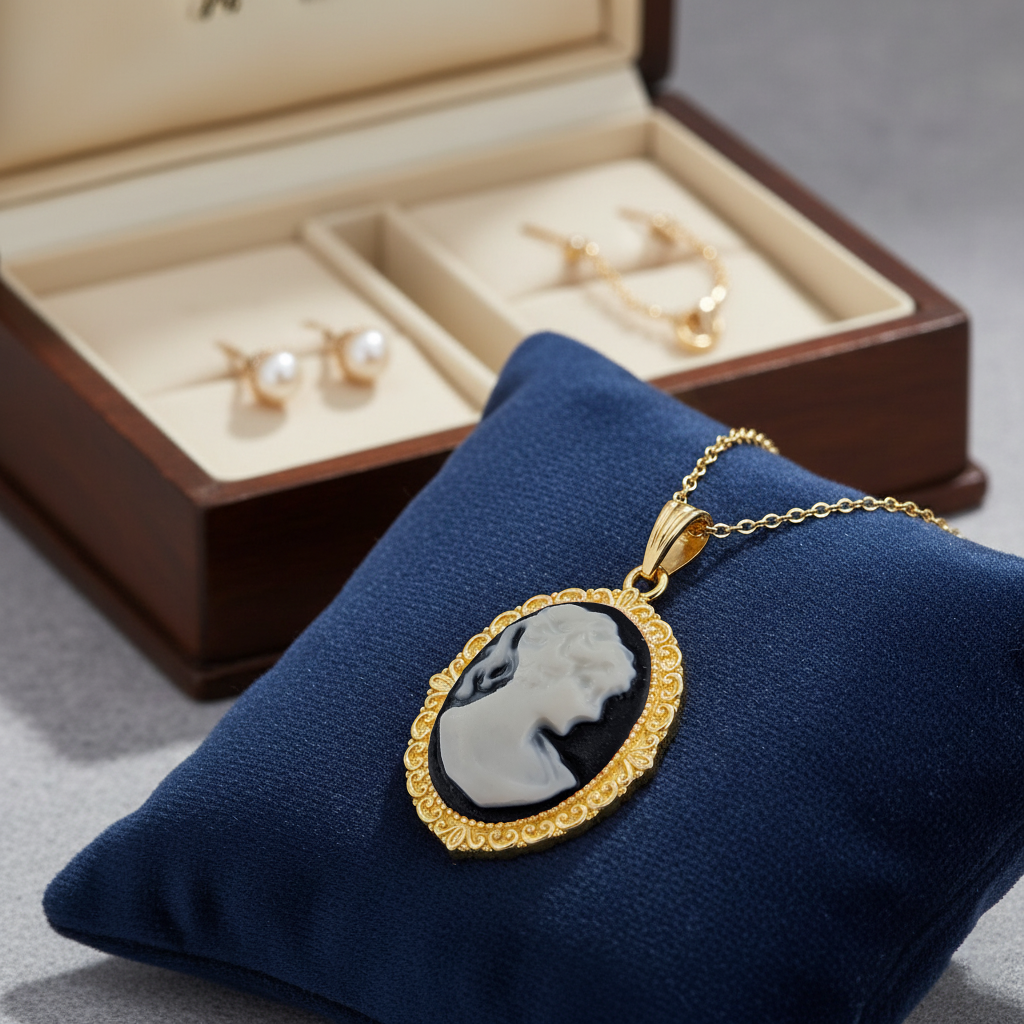 Collier Grand Camée noir – Plaqué Or | Bijou Vintage Élégant