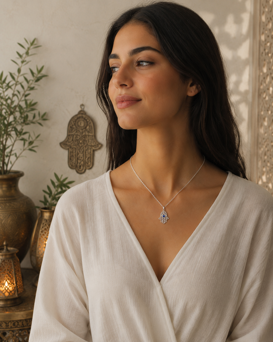 Collier Main de Fatma en Argent 925 Rhodié & Zirconium Bleu