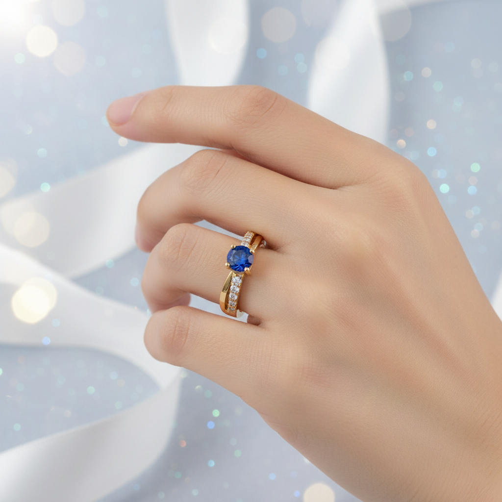 Bague Femme Plaqué Or – Zirconium bleu Étincelant – Finition Luxe