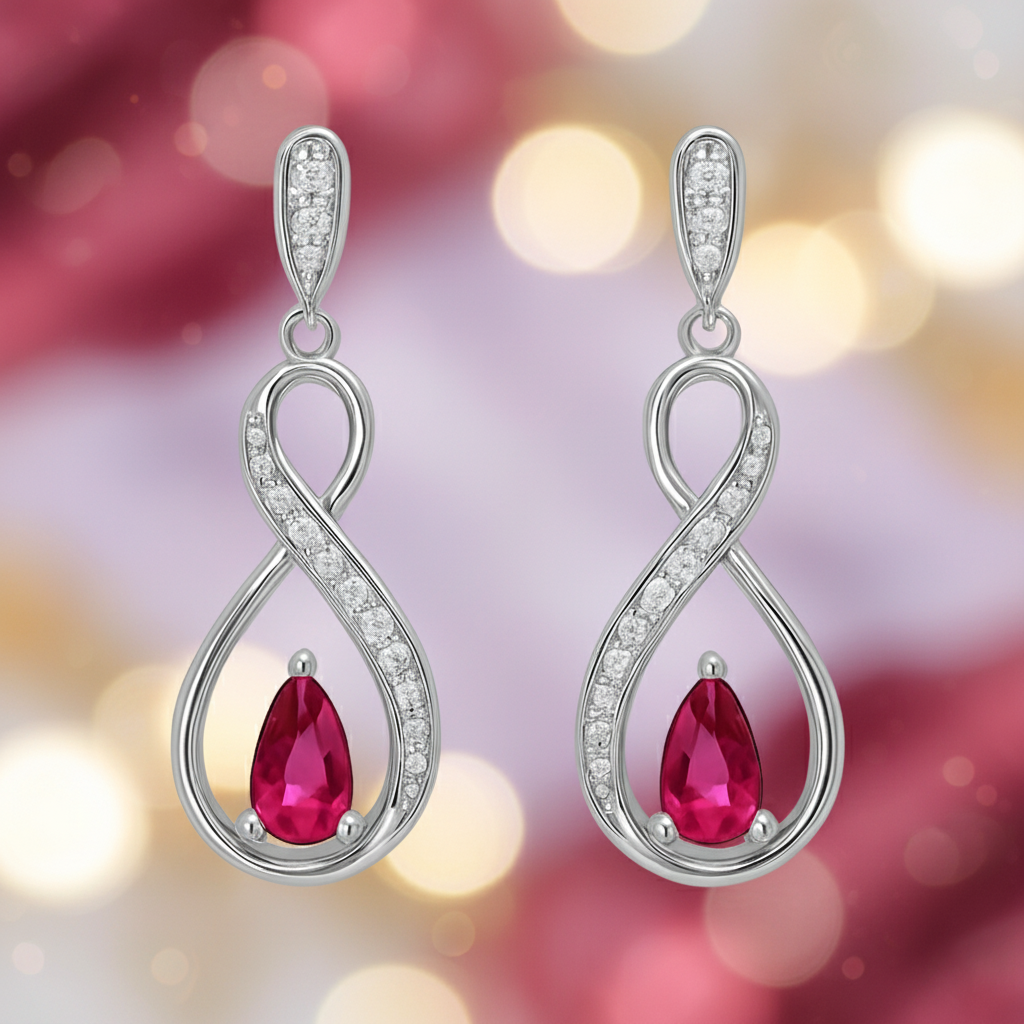 Boucles d’oreilles en argent rhodié – Zirconiums blancs & pierre rose poire | Élégance Infinity